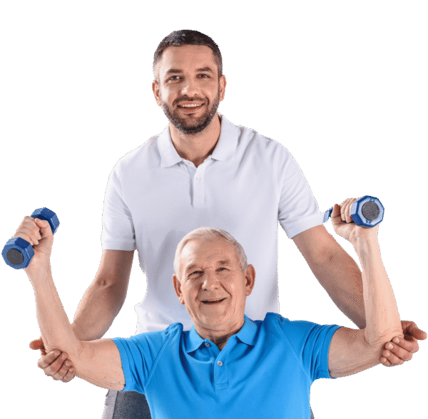 Supportive Team Environment in Action Physiotherapist assisting a senior patient with dumbbell exercises during rehabilitation