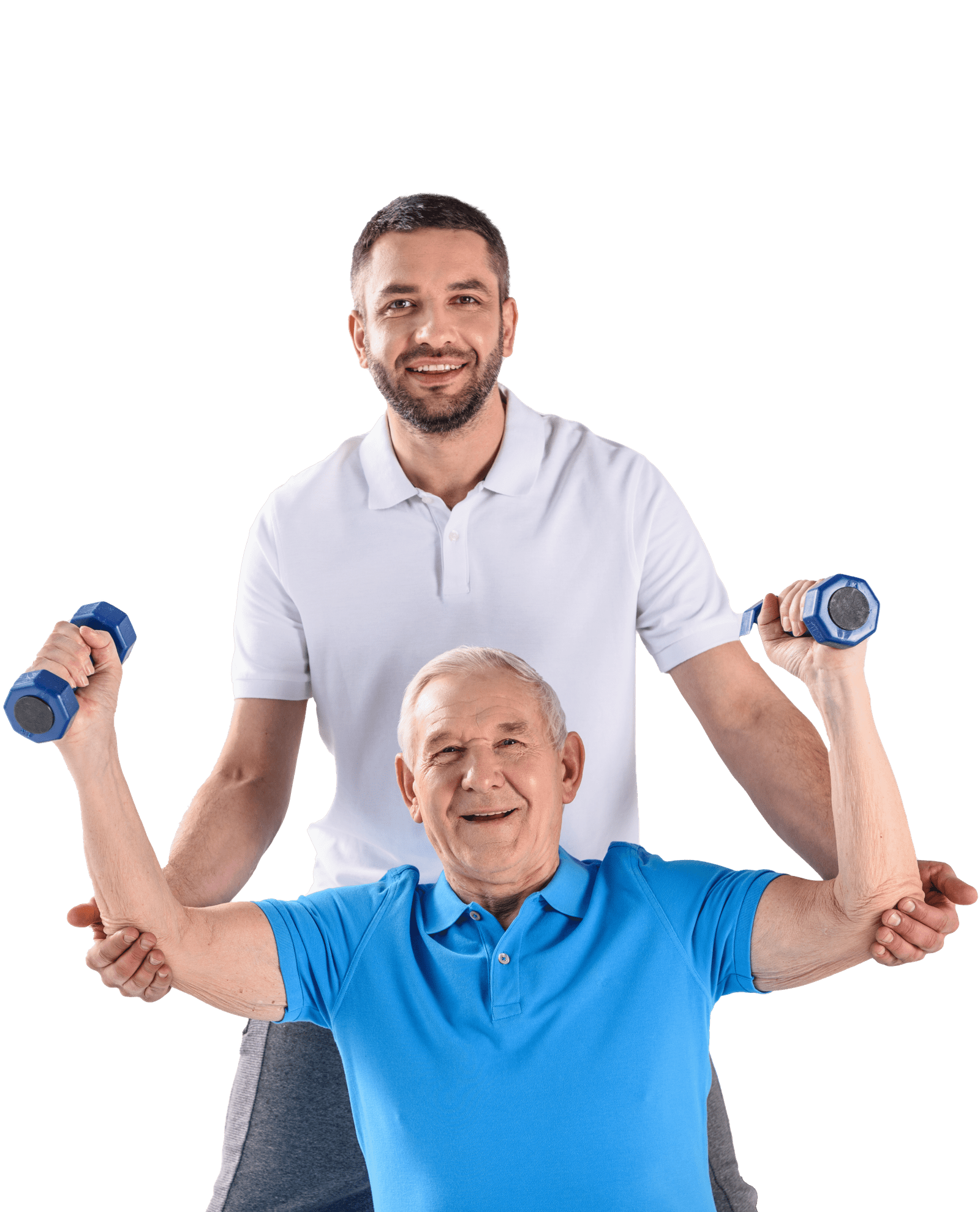 Physiotherapist assisting a senior patient with dumbbell exercises during rehabilitation