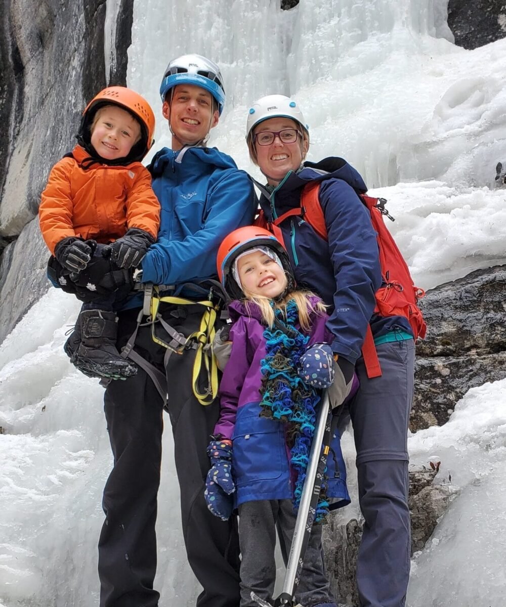 Catherine McLellan ice climbing with her family in British Columbia